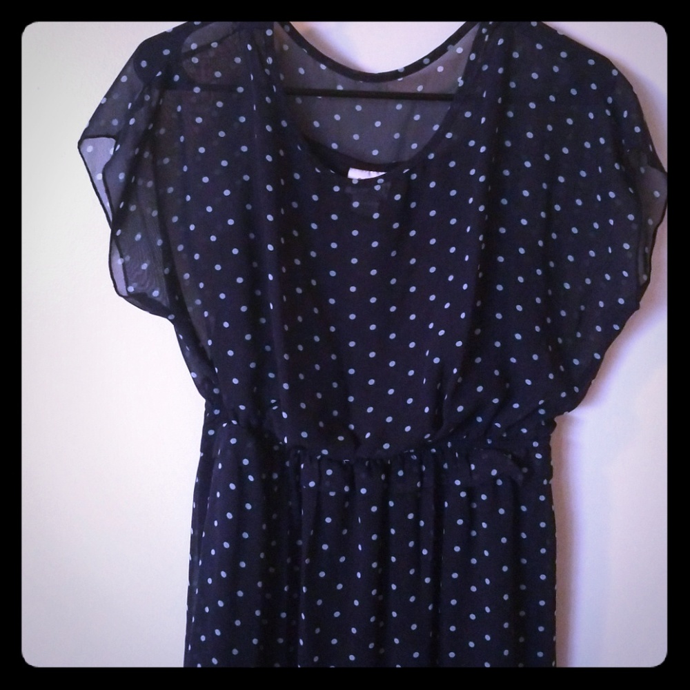 Navy and teal polka dot dress